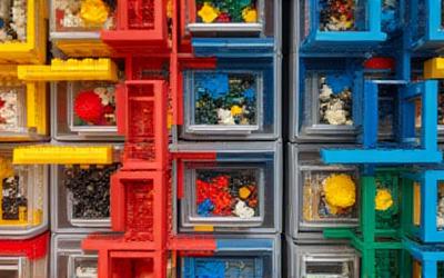 Boîtes de rangement organisées remplies de briques de construction