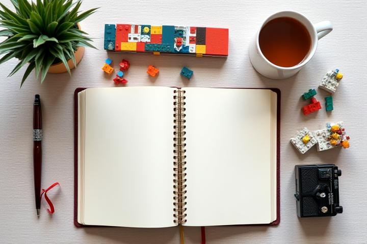 Flat-lay inspirant avec des briques, carnet de notes et décorations festives