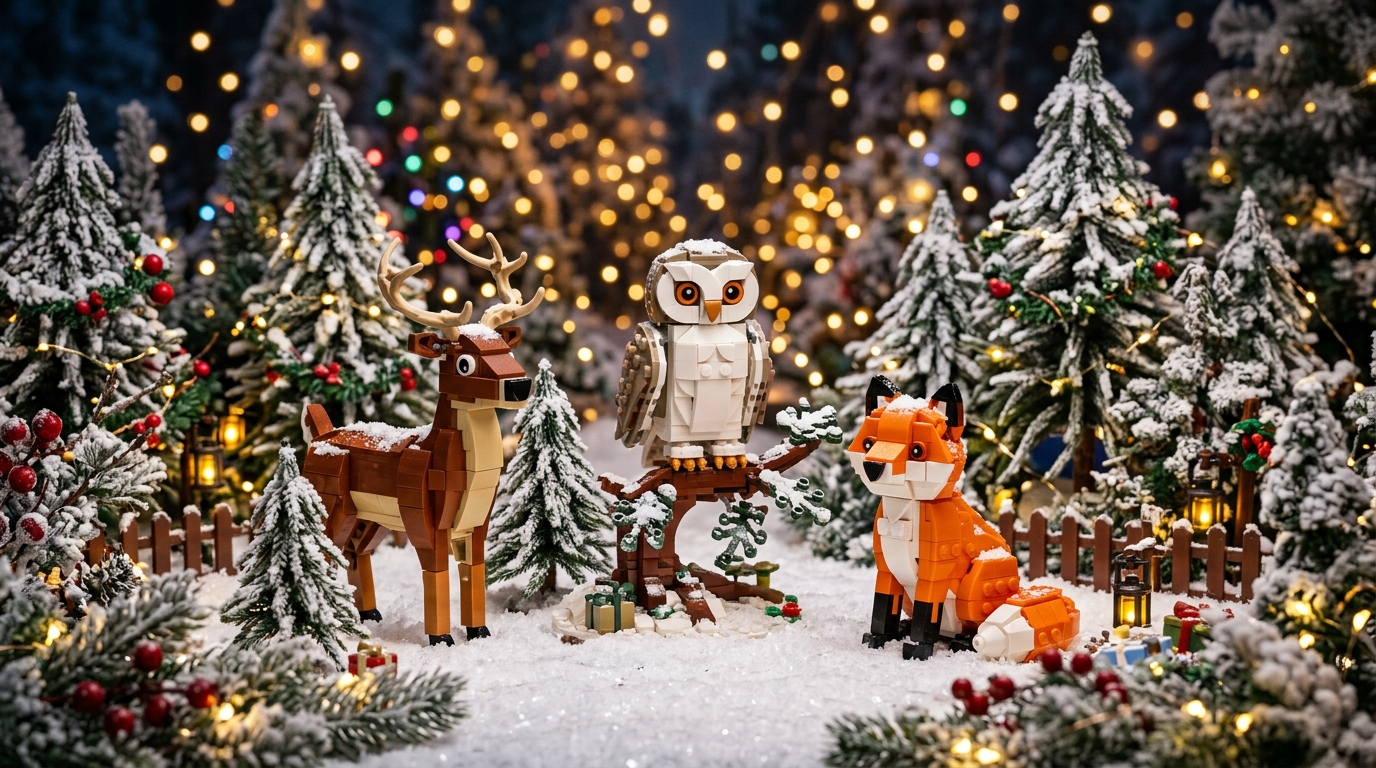 Diorama festif en briques avec animaux de la forêt et paysage enneigé