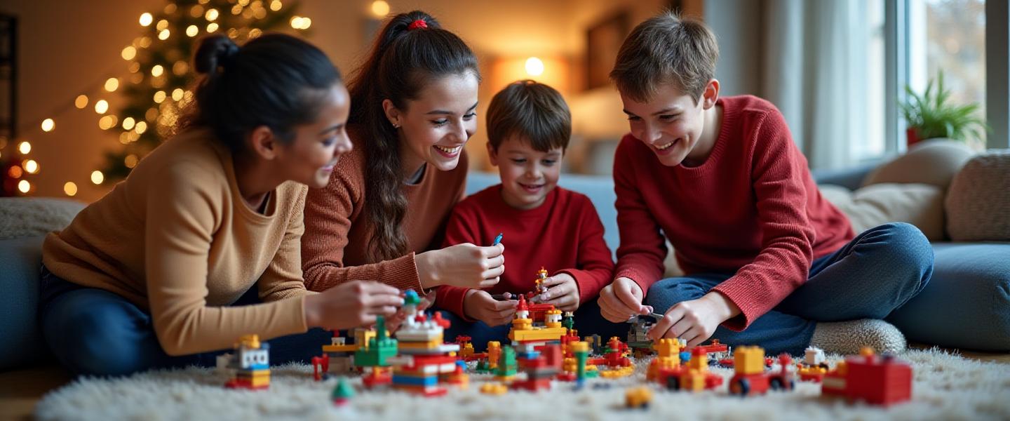 Famille joyeuse construisant un calendrier de l'Avent en briques ensemble dans un salon festif