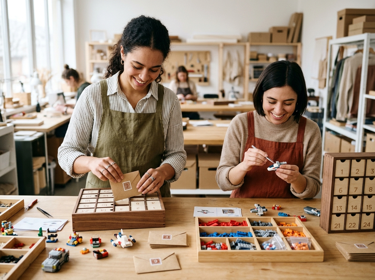 Constructeurs passionnés assemblant des calendriers en briques dans un atelier moderne