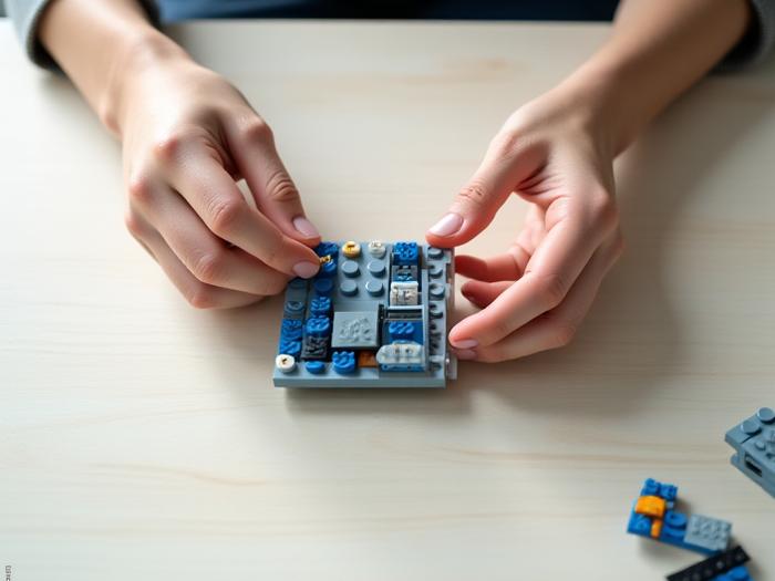 Mains d'un adulte assemblant minutieusement un modèle complexe en briques