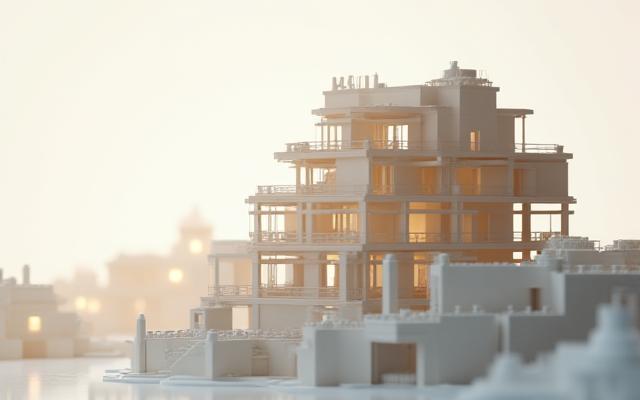 Micro-architecture élaborée en briques de construction, détaillant une scène urbaine