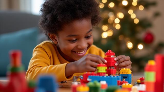 Enfant construisant un calendrier de l'Avent en briques