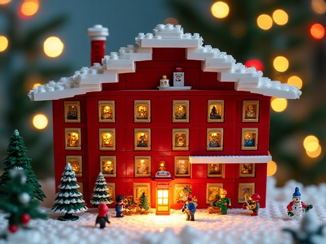 Image d'un calendrier de l'Avent en briques illustrant une scène festive complète
